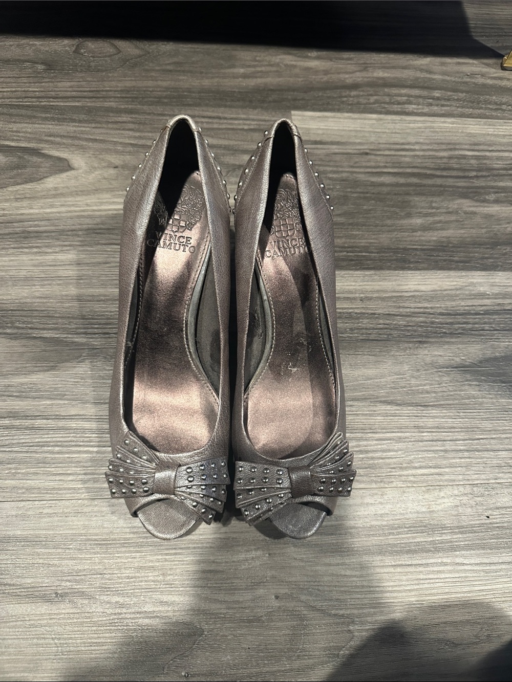 Vince Camuto Metallic Pewter Peep-Toe Bow Pumps